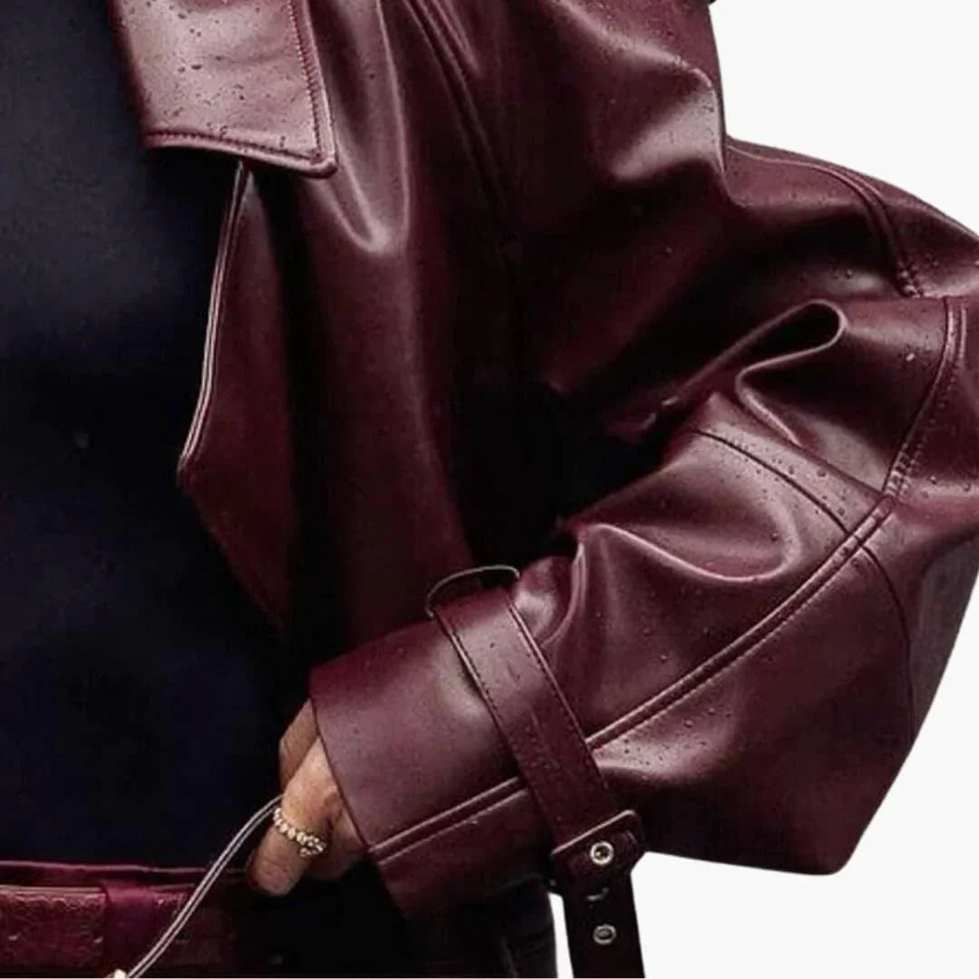 Women’s Short Brown Leather Jacket with Belt and Lapels