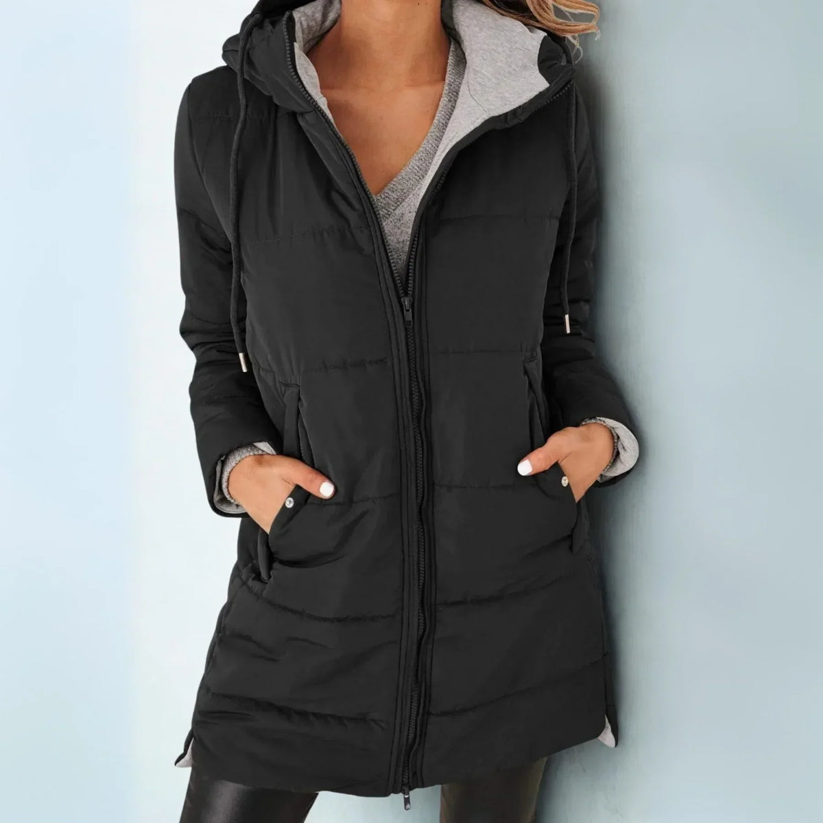 Puffer Jacket Women Quilted Hooded Adjustable Waist