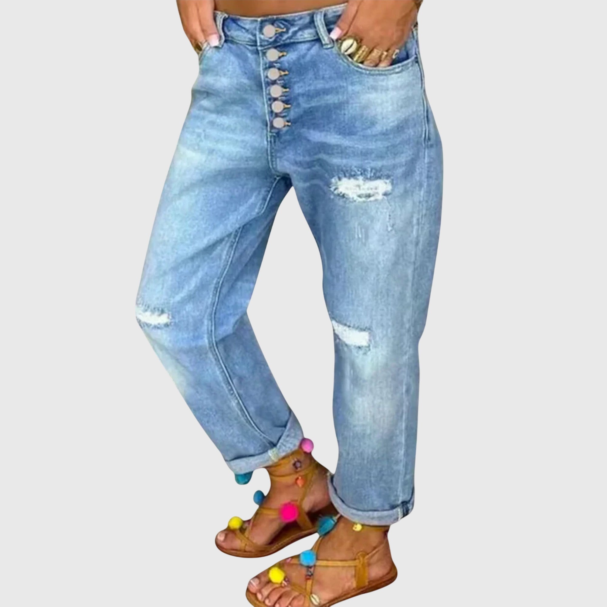 Women's High-Waisted Light Blue Distressed Mom Jeans with Buttons