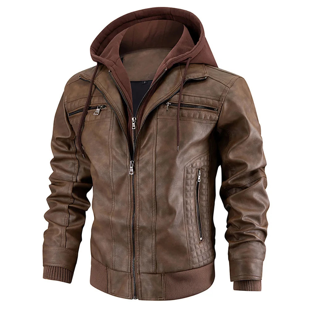 Men's Slim-Fit Leather Coat with Hood