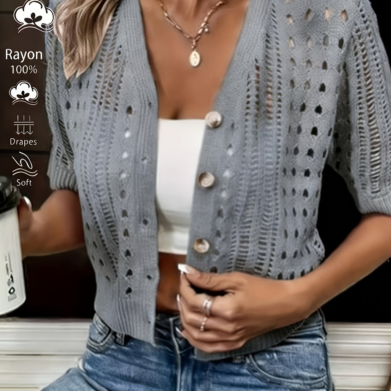 Women's Short-Sleeved Openwork Knit Cardigan