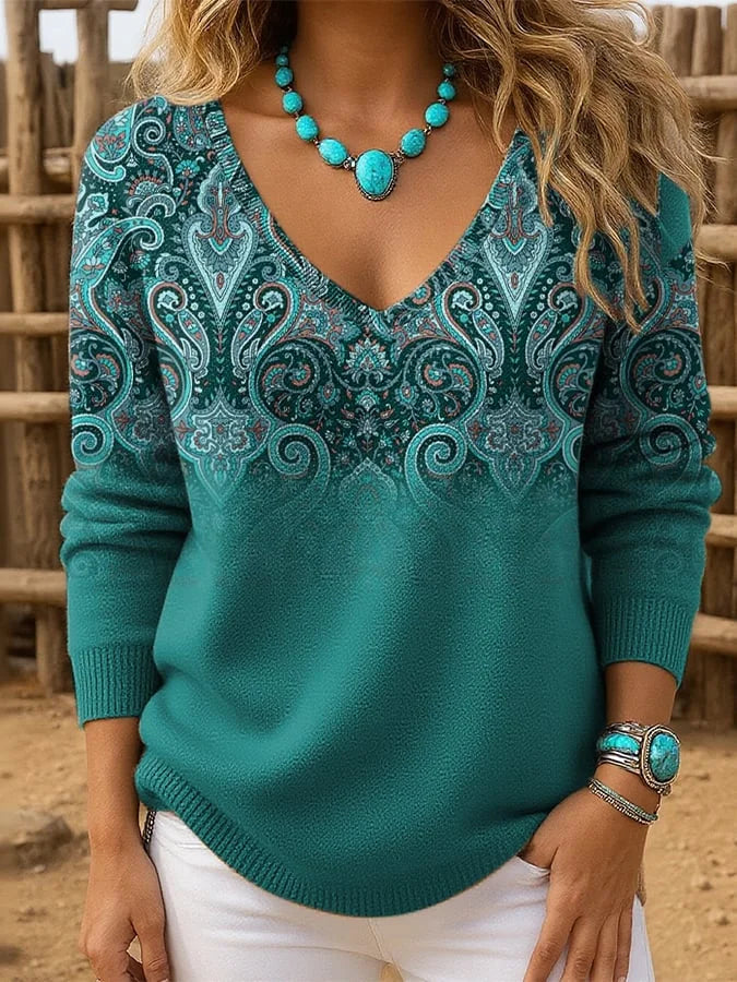 Women's V-Neck Printed Sweater, Regular Fit