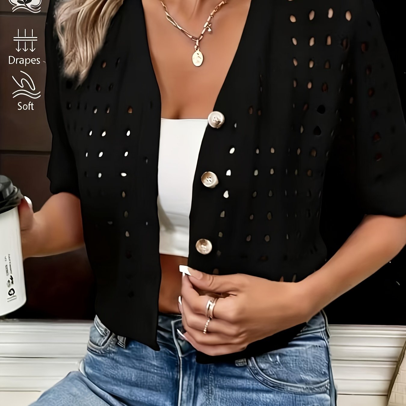 Women's Short-Sleeved Openwork Knit Cardigan