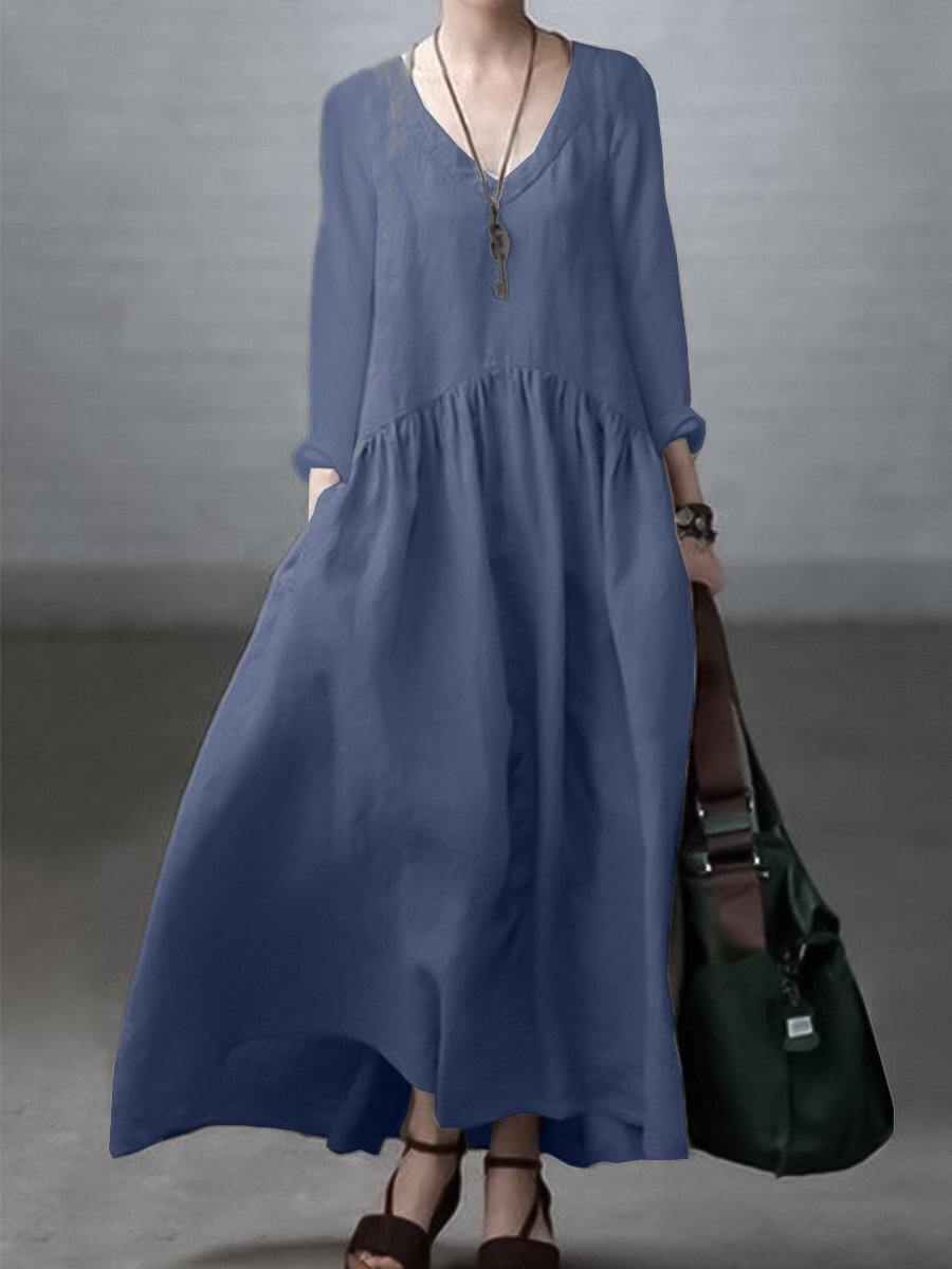 Loose V-Neck Cotton Linen Maxi Dress