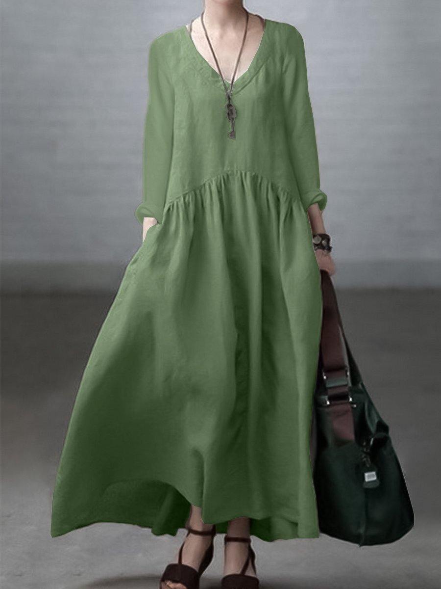 Loose V-Neck Cotton Linen Maxi Dress