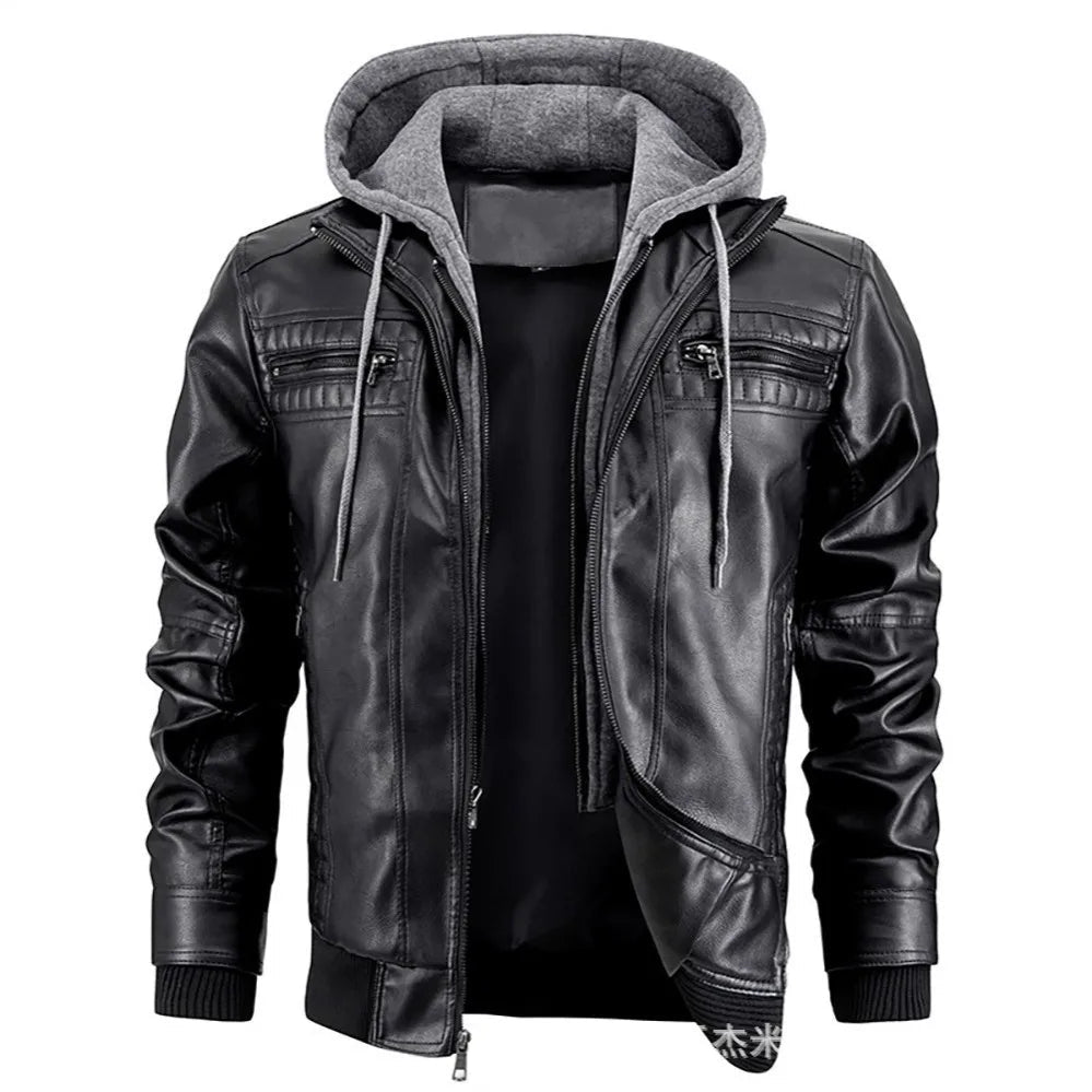 Men's Slim-Fit Leather Coat with Hood