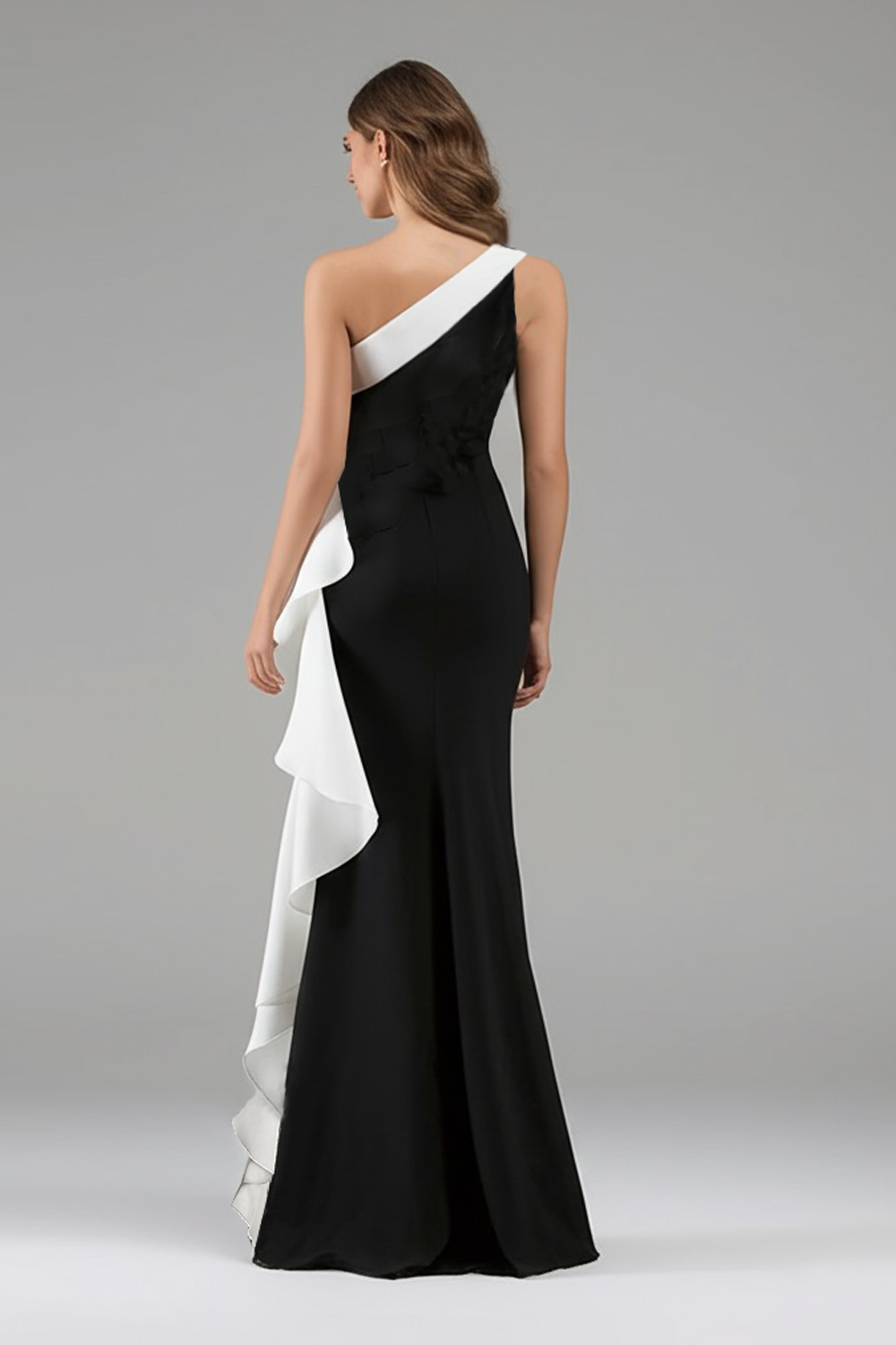 Long Black Tie Dress – One Shoulder Floral Design