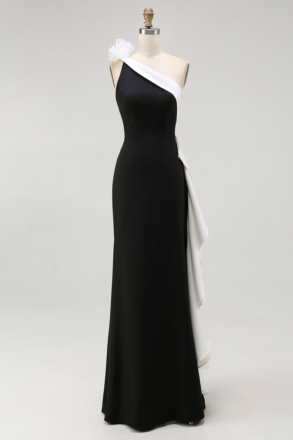 Long Black Tie Dress – One Shoulder Floral Design