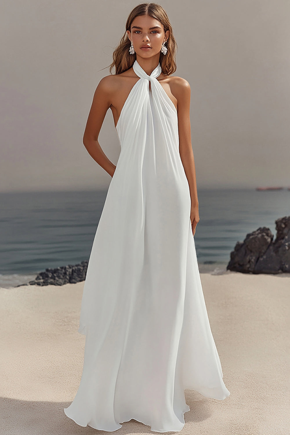 White Chiffon A-Line Halter Maxi Dress