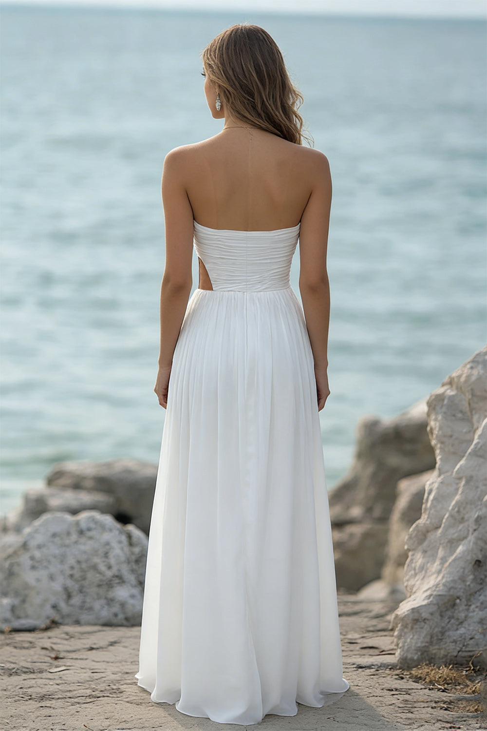 White Chiffon Strapless Pleated Maxi Dress