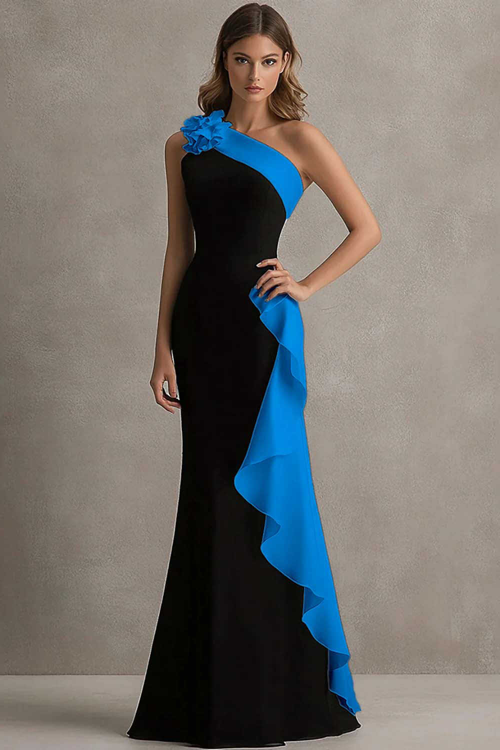 Long Black Tie Dress – One Shoulder Floral Design