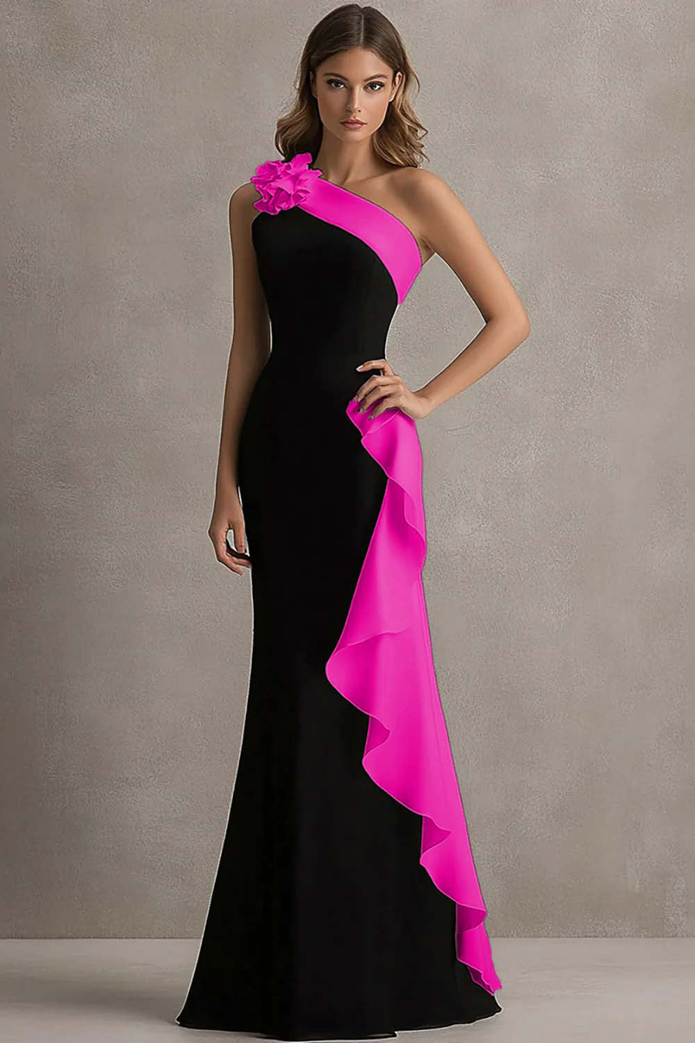 Long Black Tie Dress – One Shoulder Floral Design