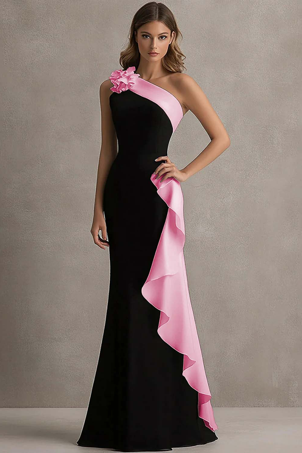 Long Black Tie Dress – One Shoulder Floral Design
