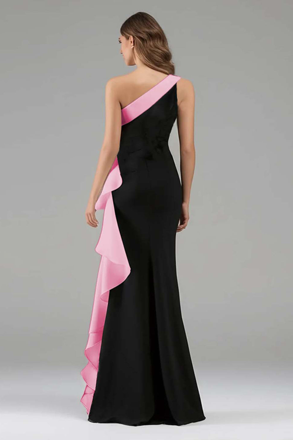 Long Black Tie Dress – One Shoulder Floral Design