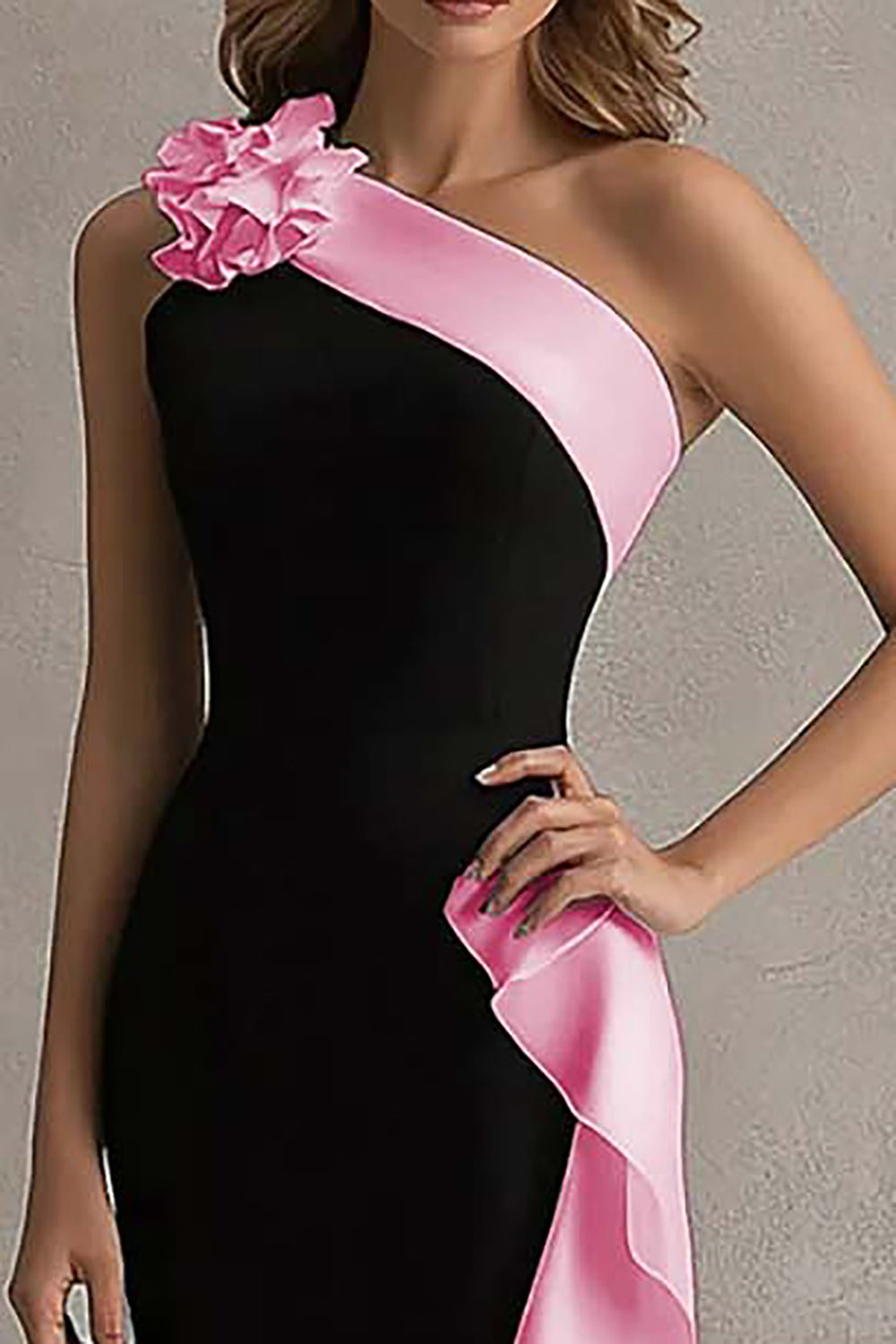 Long Black Tie Dress – One Shoulder Floral Design