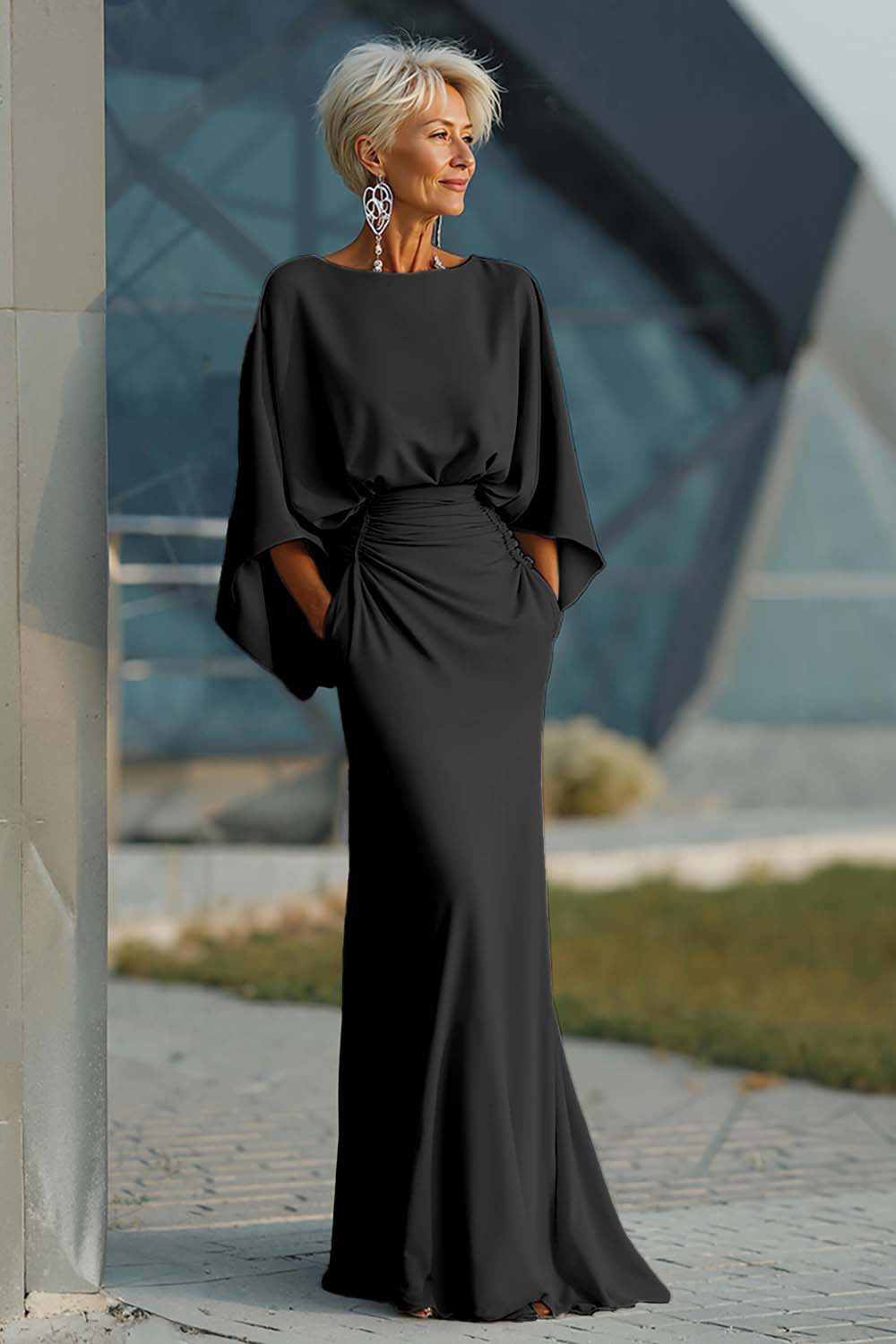 Silver Boat Neck Mermaid Formal Dress with Pockets