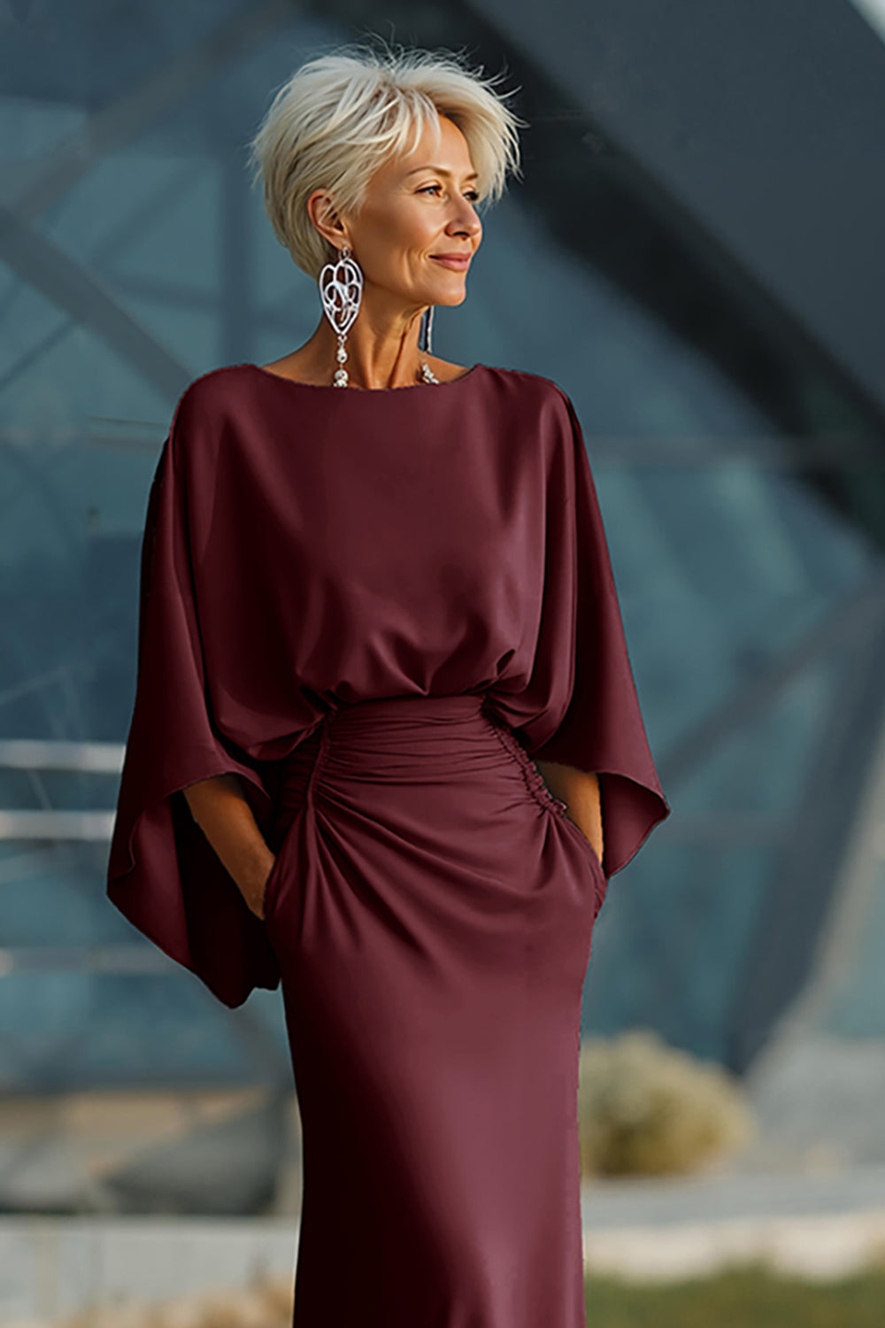 Silver Boat Neck Mermaid Formal Dress with Pockets