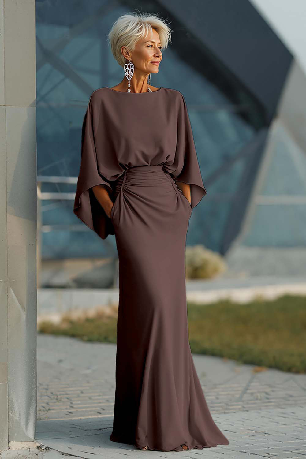 Silver Boat Neck Mermaid Formal Dress with Pockets