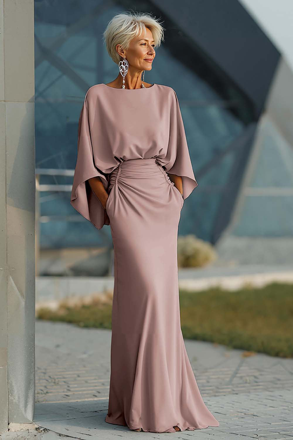 Silver Boat Neck Mermaid Formal Dress with Pockets