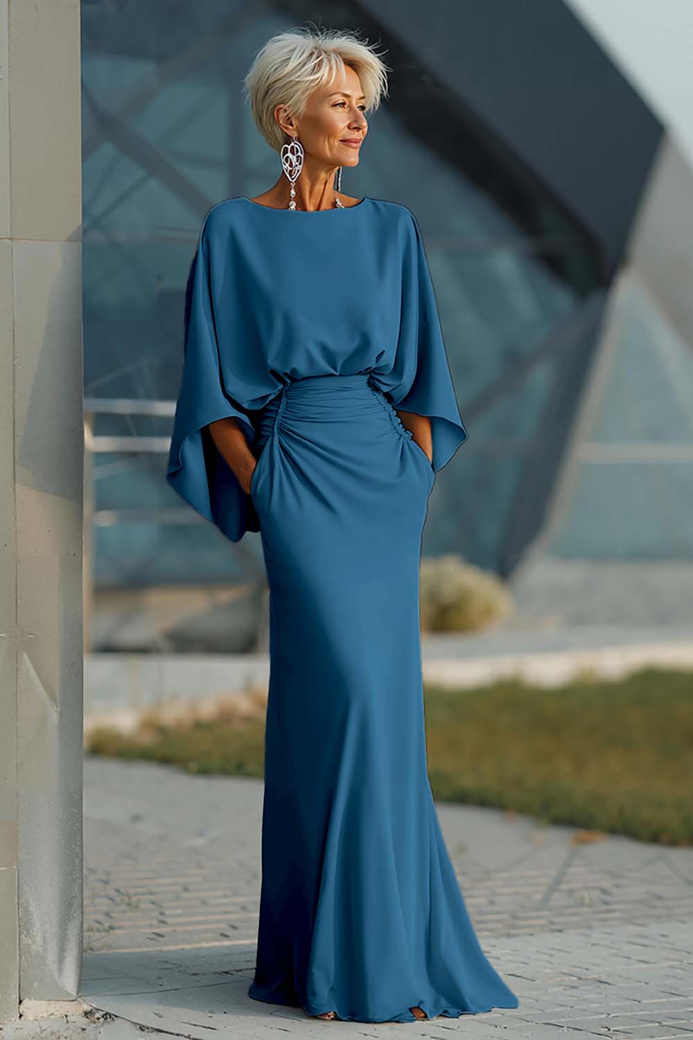 Silver Boat Neck Mermaid Formal Dress with Pockets