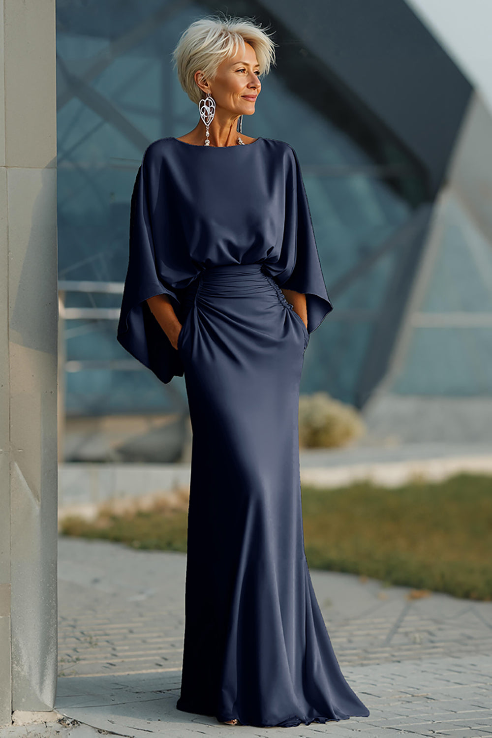 Silver Boat Neck Mermaid Formal Dress with Pockets