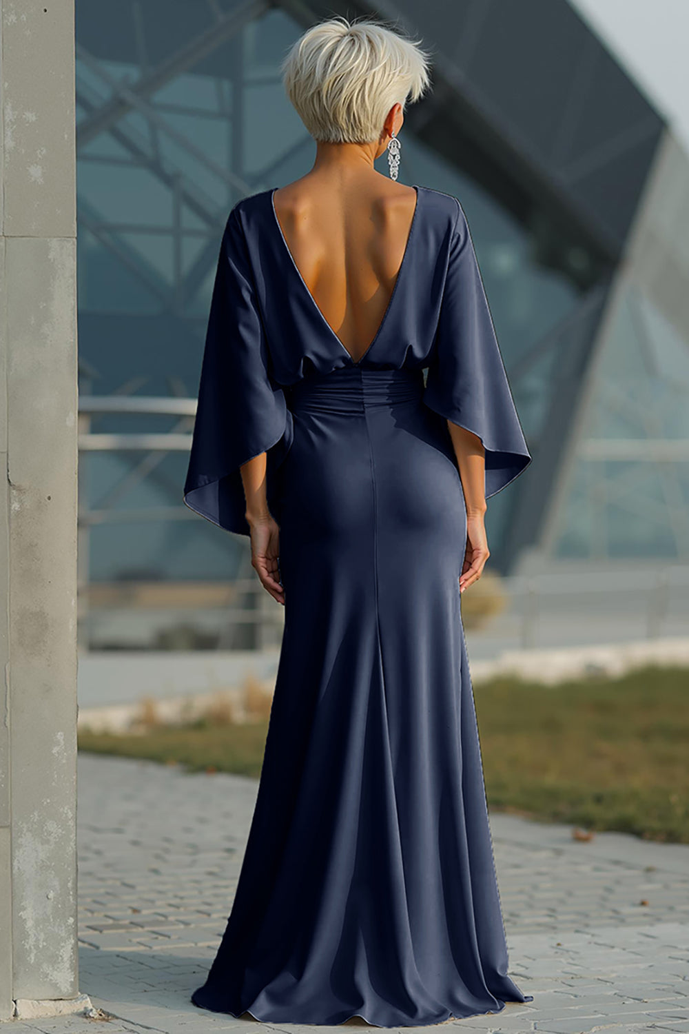 Silver Boat Neck Mermaid Formal Dress with Pockets