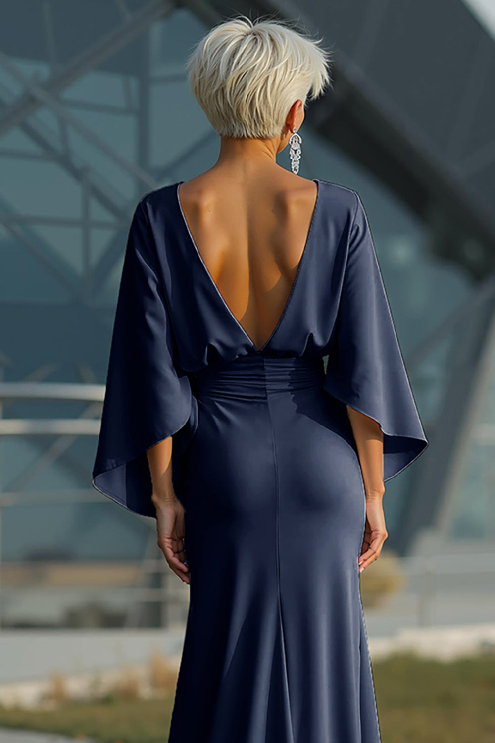 Silver Boat Neck Mermaid Formal Dress with Pockets