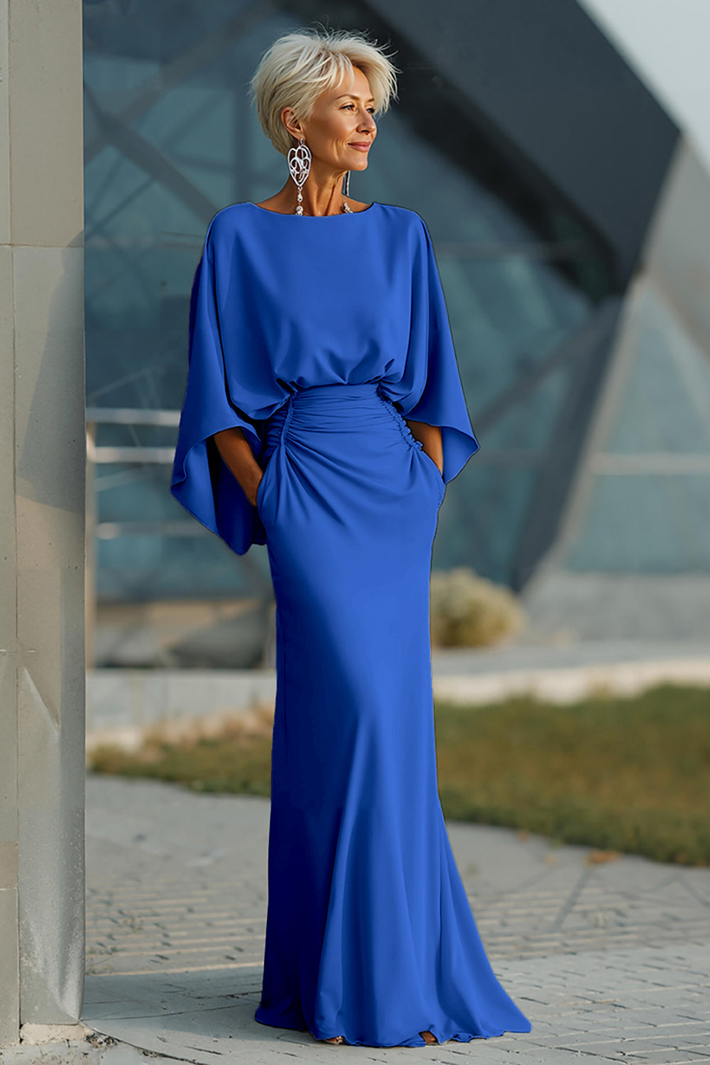Silver Boat Neck Mermaid Formal Dress with Pockets