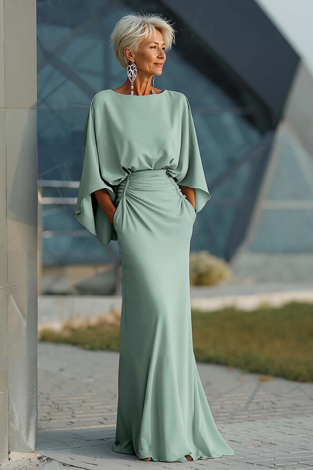 Silver Boat Neck Mermaid Formal Dress with Pockets