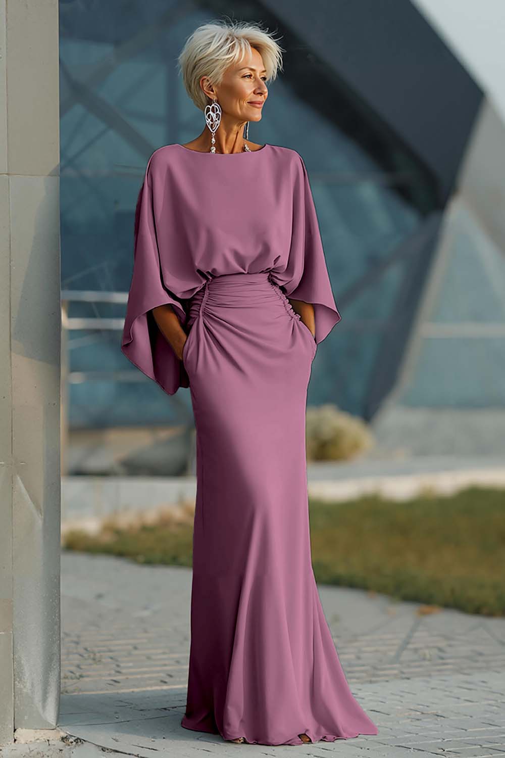 Silver Boat Neck Mermaid Formal Dress with Pockets