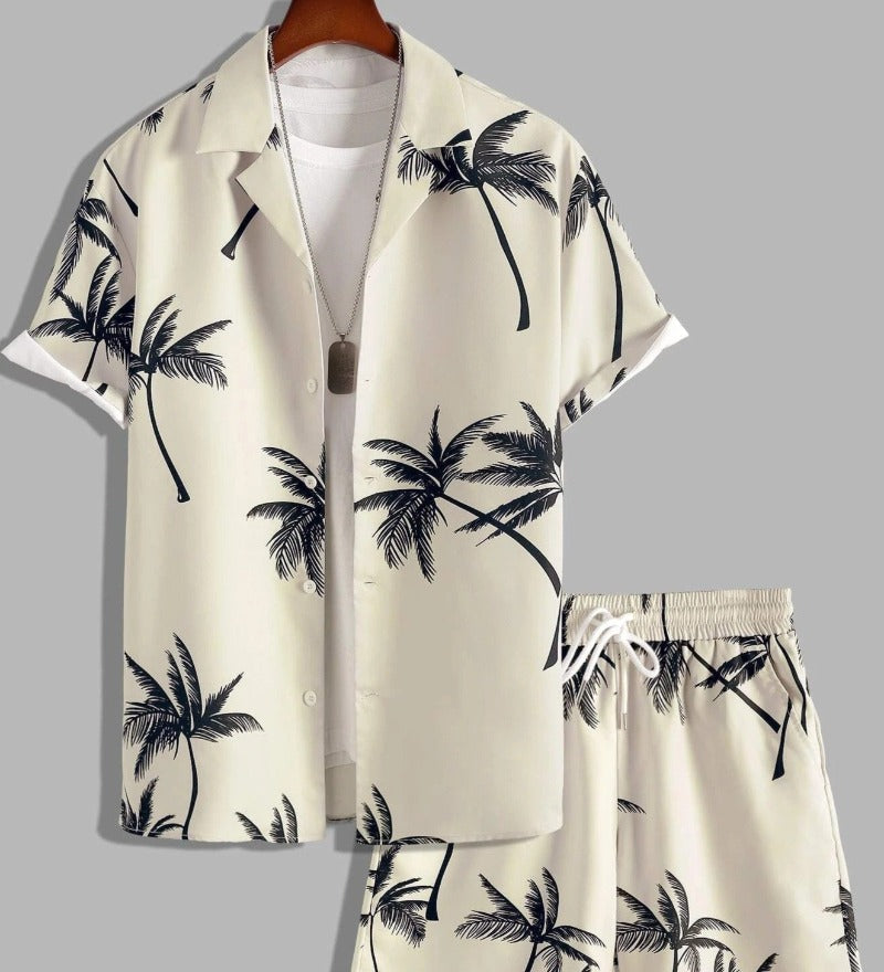 Men’s Casual Palm Print Shirt and Shorts Outfit