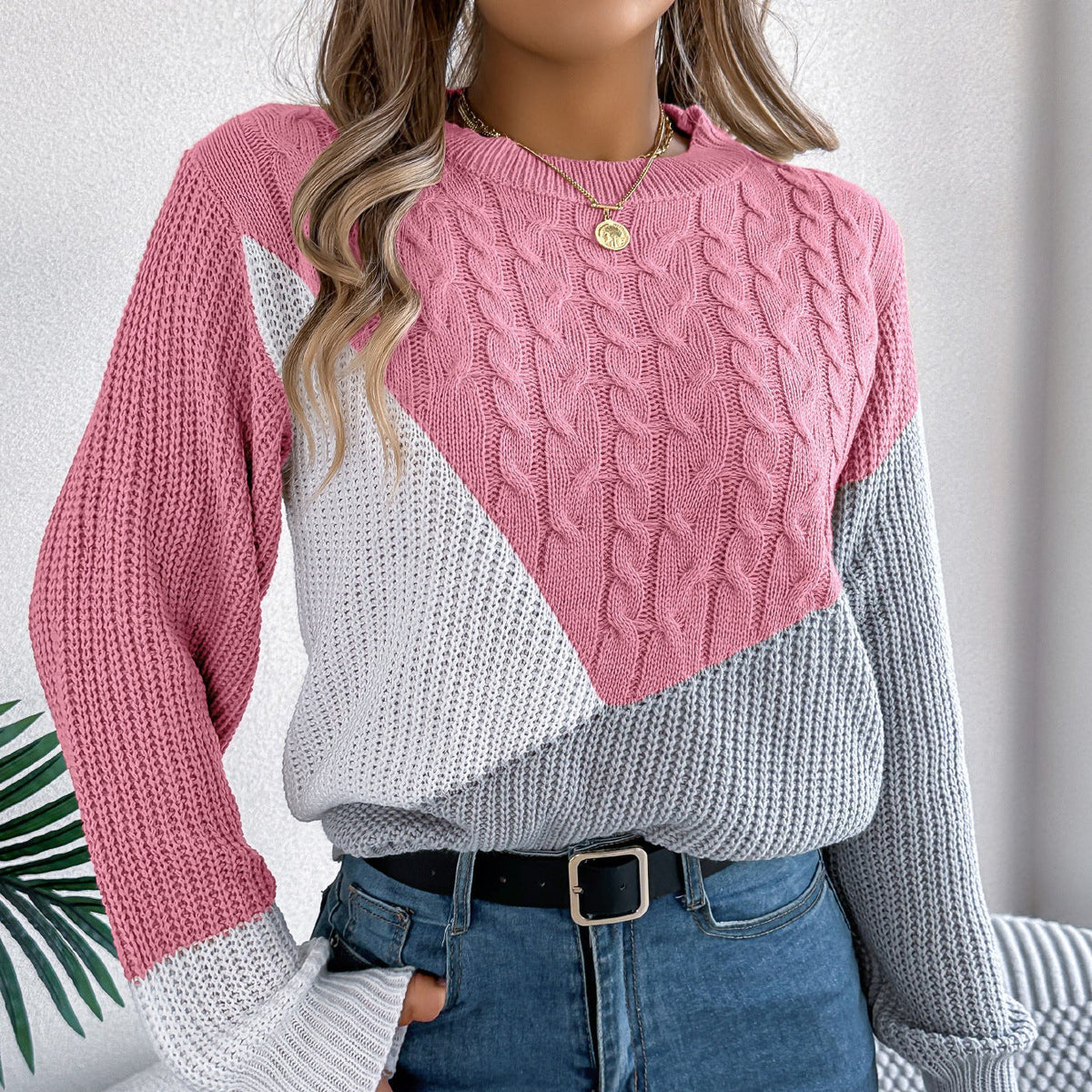 Women's Long-Sleeve Torchon Sweater with Contrast Details