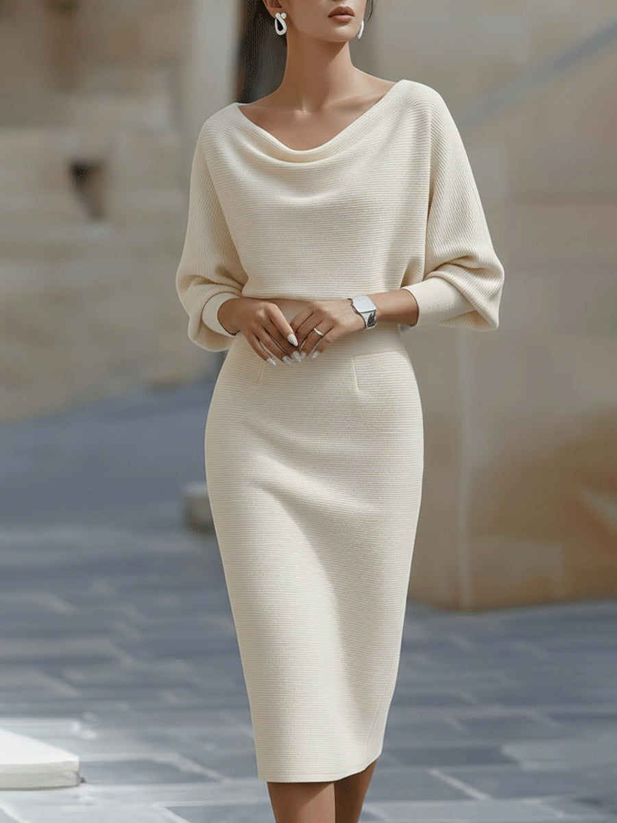 Elegant White Batwing Sleeve Midi Dress
