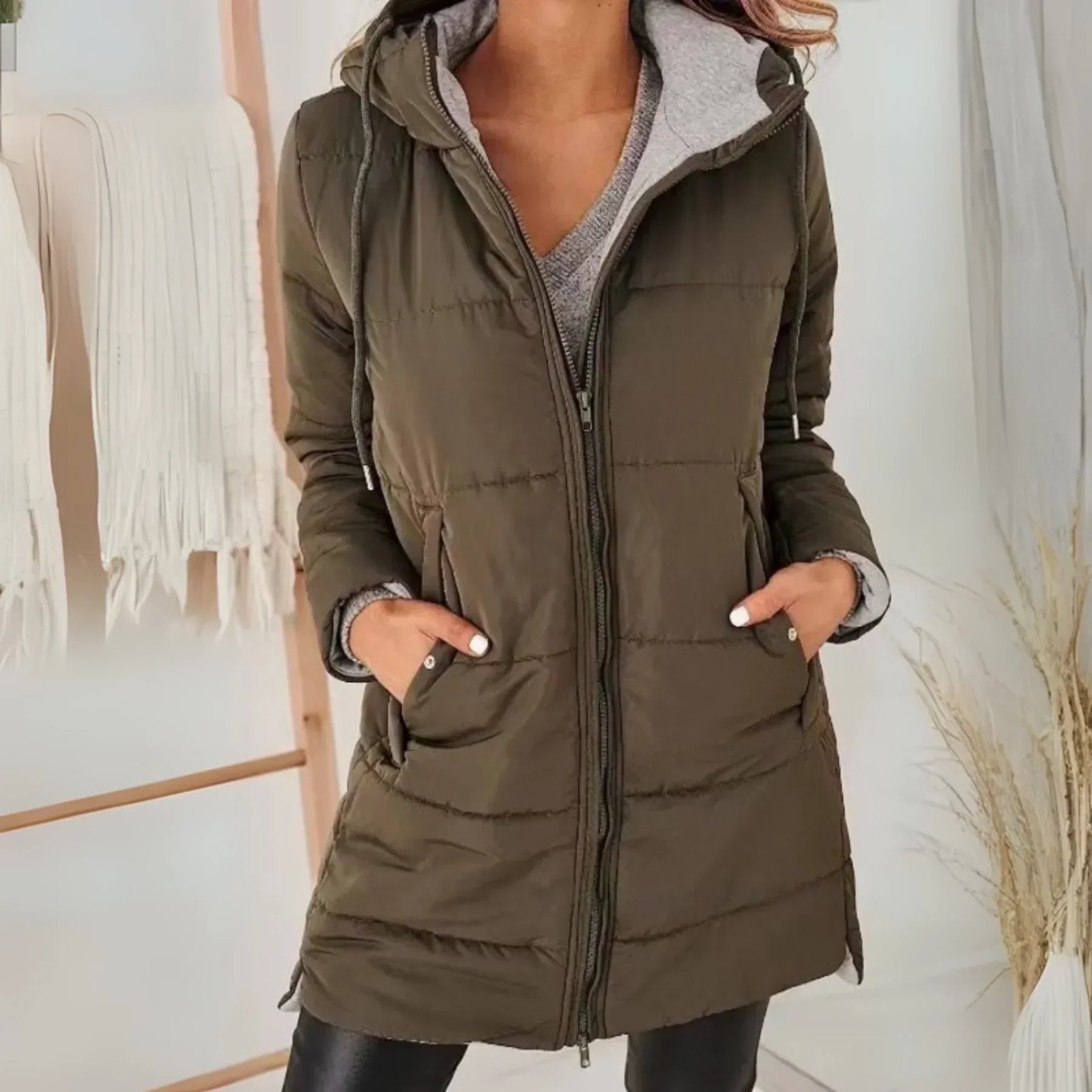Puffer Jacket Women Quilted Hooded Adjustable Waist