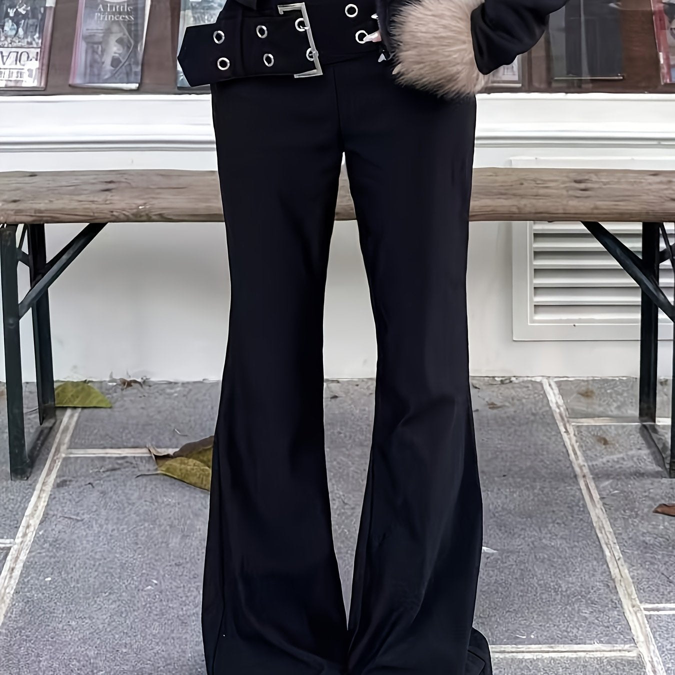 Black High-Waisted Flared Pants with Buckle
