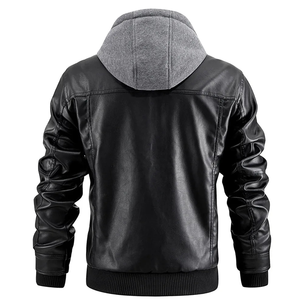 Men's Slim-Fit Leather Coat with Hood
