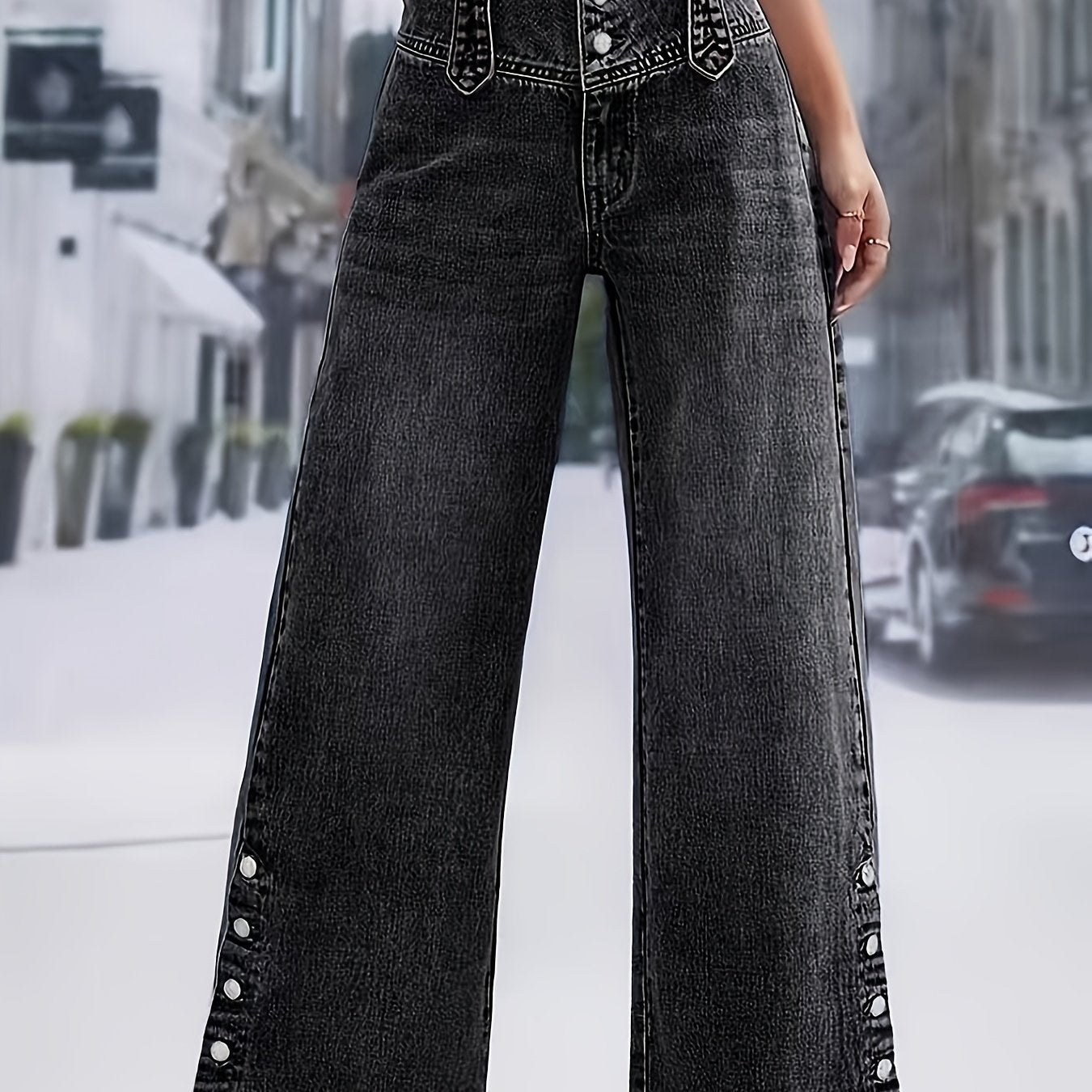 High-Waisted Black Jeans with Wide-Leg Split Hem