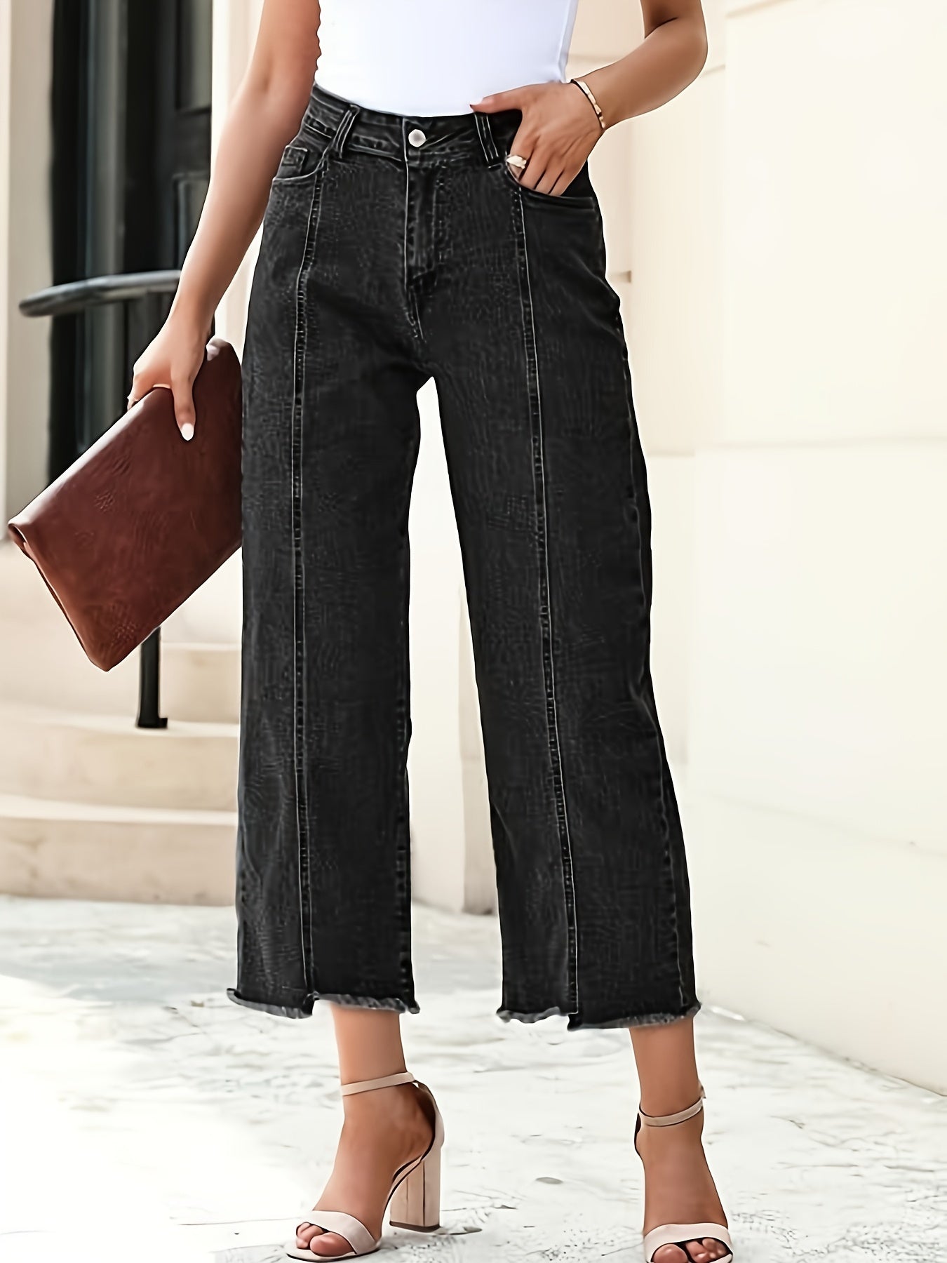 Baggy Jeans a Vita Alta Gamba Dritta Cropped