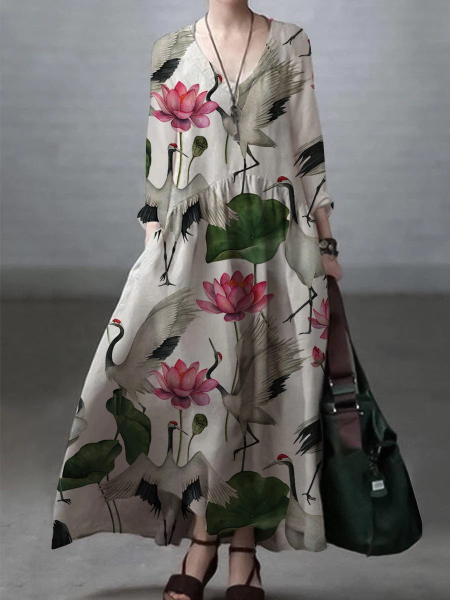Loose V-Neck Cotton Linen Maxi Dress