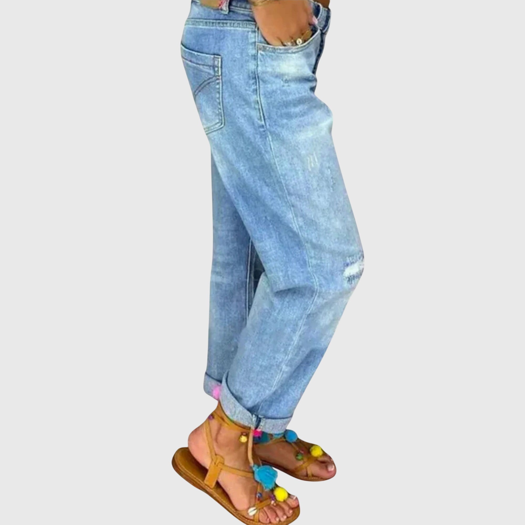 Women's High-Waisted Light Blue Distressed Mom Jeans with Buttons
