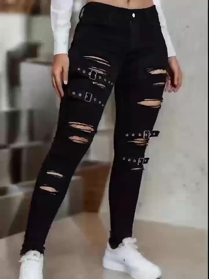 Women's Black Jeans with Distressed Wide-Leg Buckles