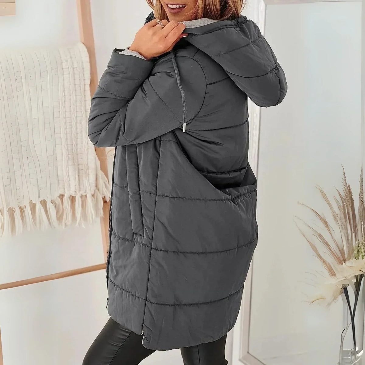 Puffer Jacket Women Quilted Hooded Adjustable Waist