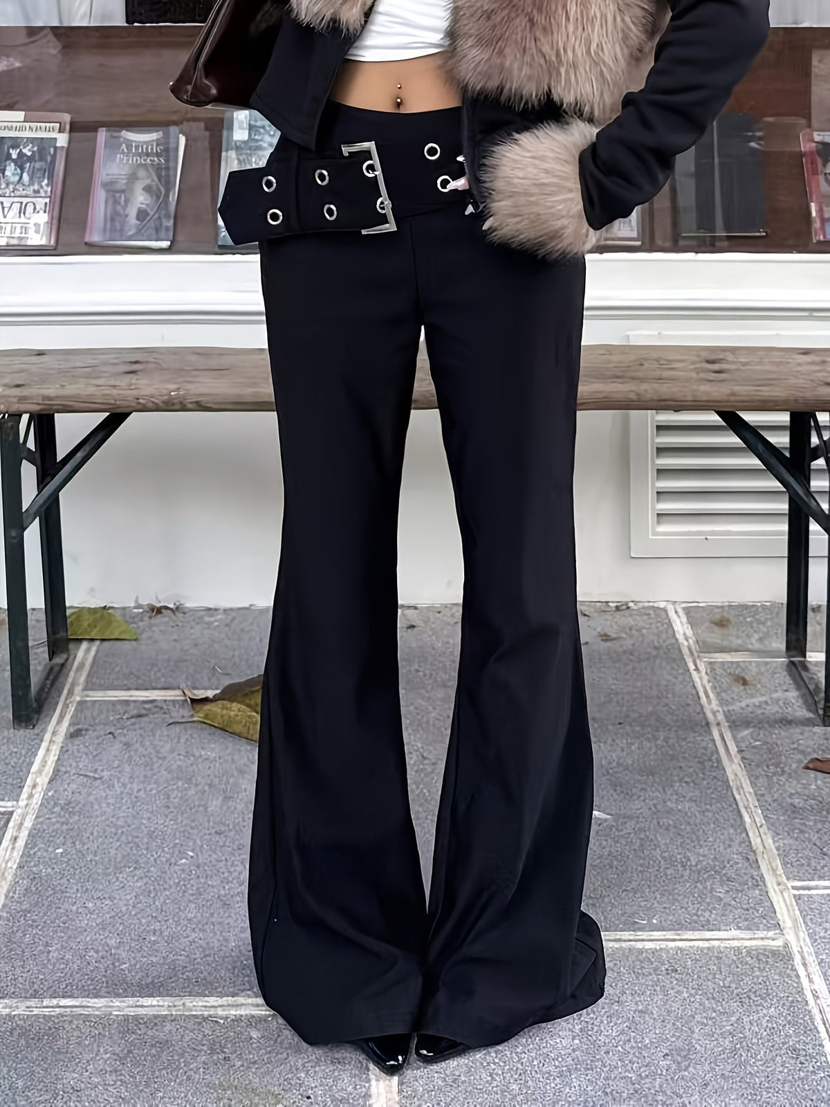 Black High-Waisted Flared Pants with Buckle