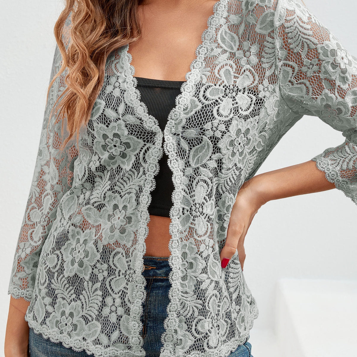 Cardigan Donna Traforato Floreale con Apertura Frontale