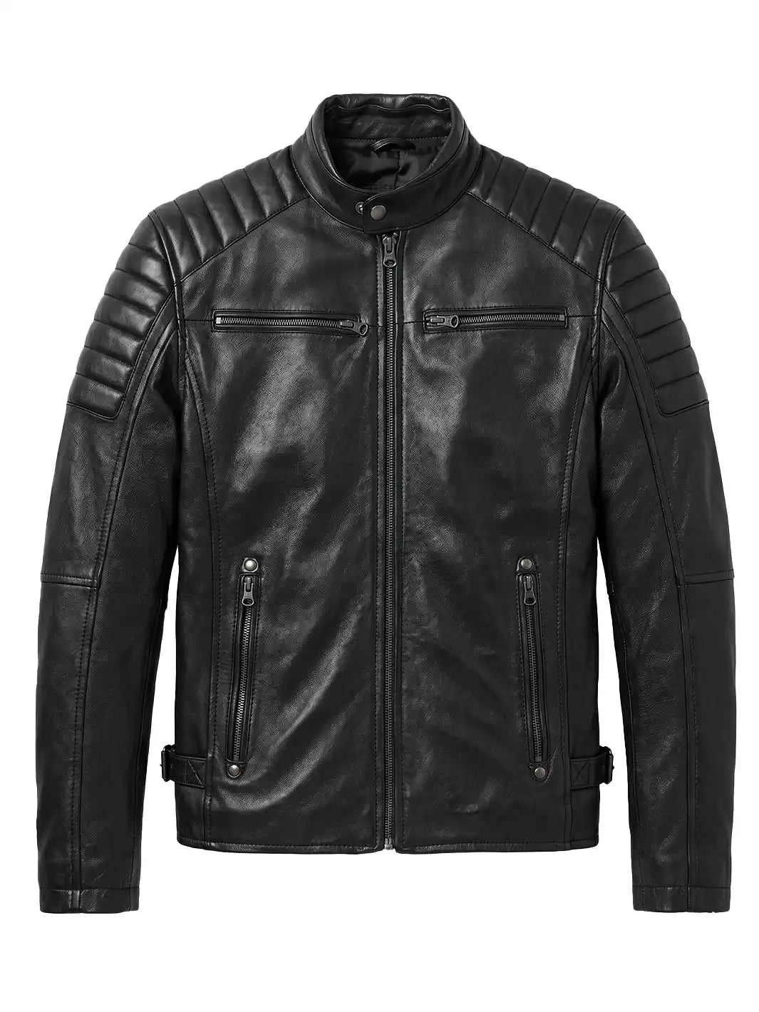 Men's Black Leather Biker-Style Jacket with Padded Shoulders