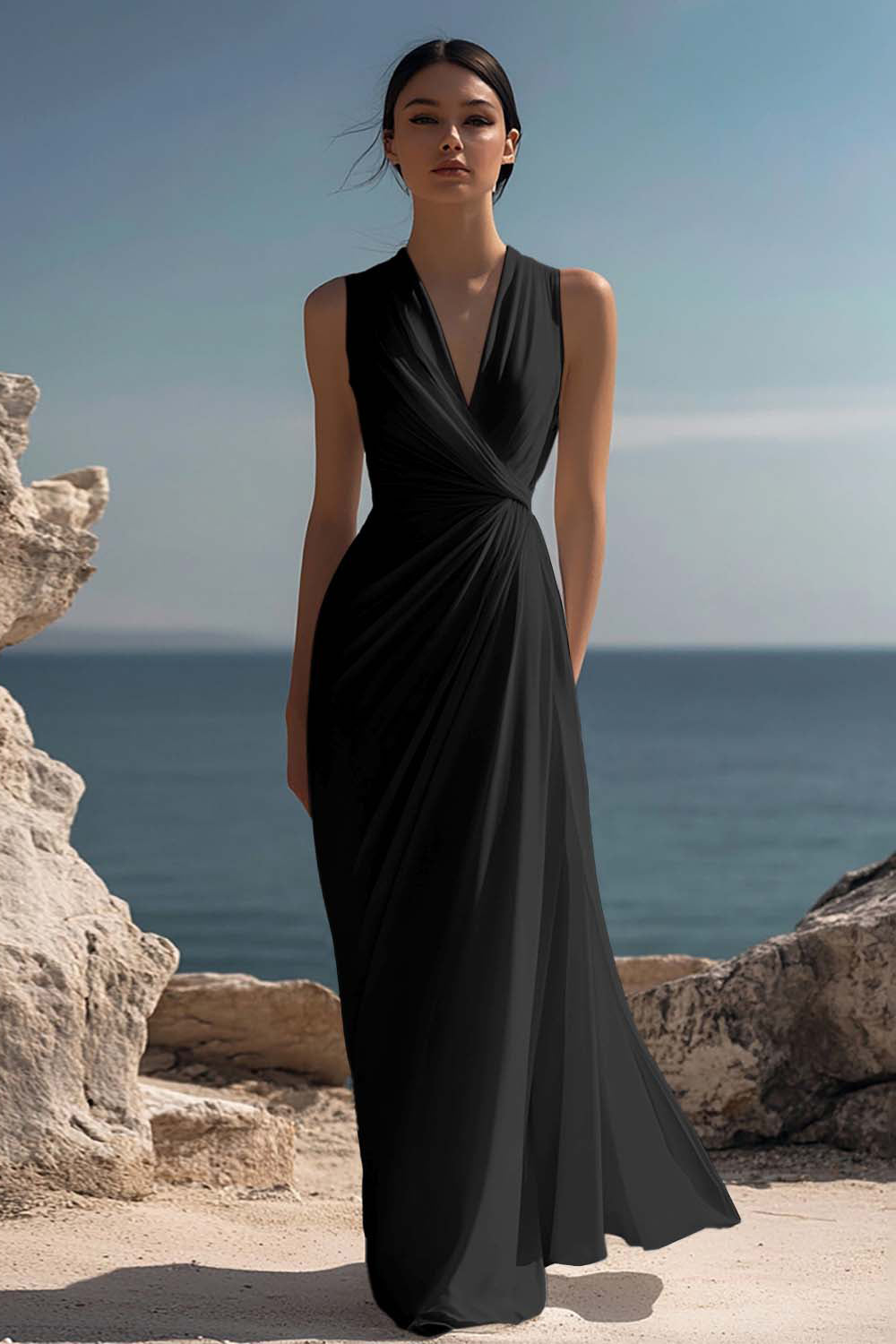 White Chiffon Ruched Sheath Maxi Dress
