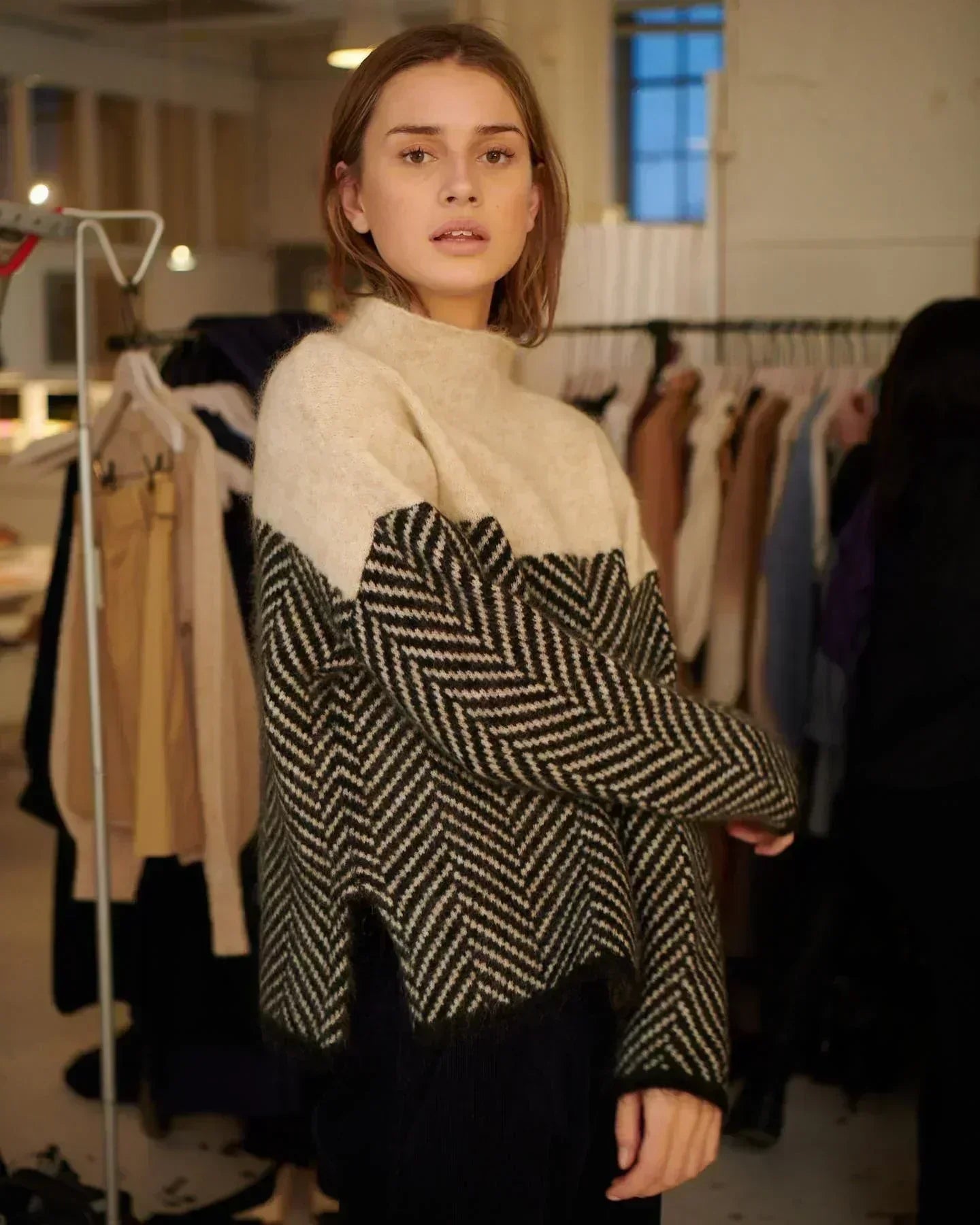 Herringbone Cable Knit Turtleneck Sweater