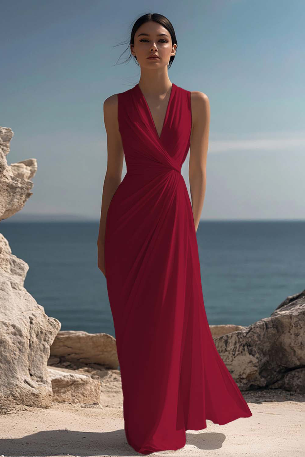 White Chiffon Ruched Sheath Maxi Dress