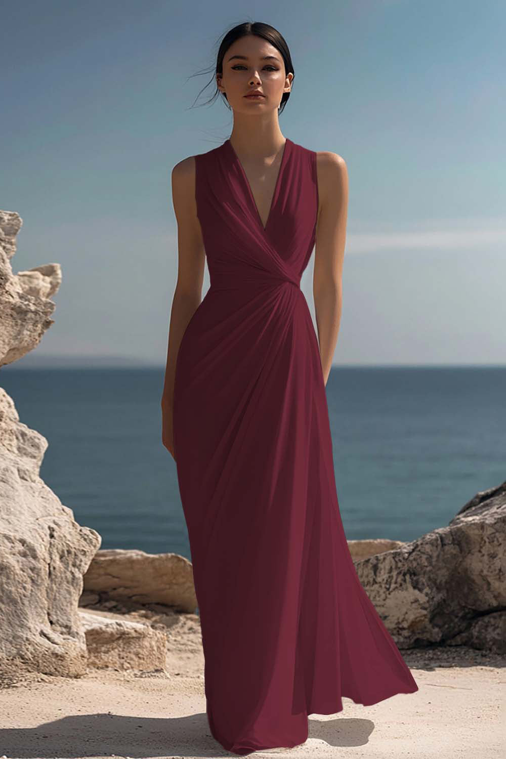 White Chiffon Ruched Sheath Maxi Dress