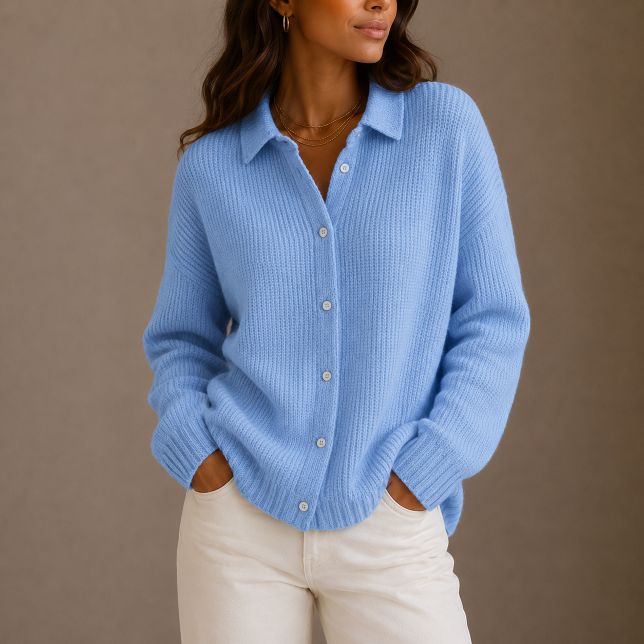 Women's Knitted Cardigan with Collar and Buttons